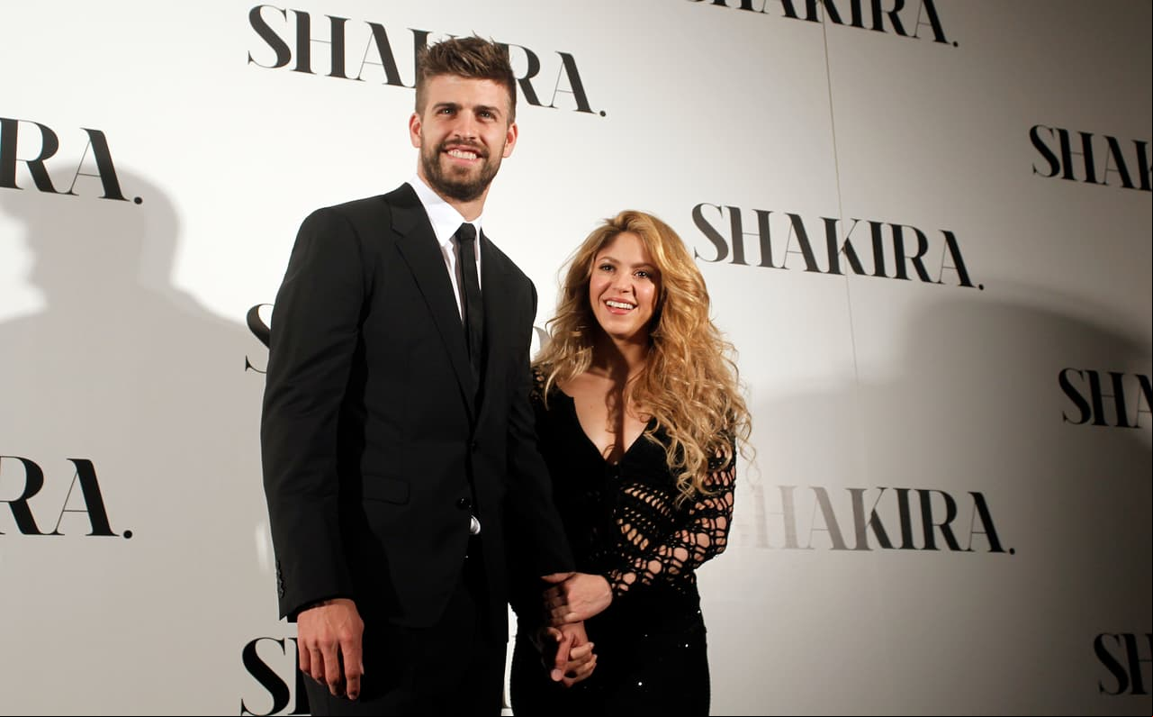 Colombian singer Shakira, right, and FC Barcelona's soccer player Gerard Pique pose to the media during the presentation of her new album "Shakira" in Barcelona, Spain, Thursday, March 20, 2014. (AP Photo/Manu Fernandez)