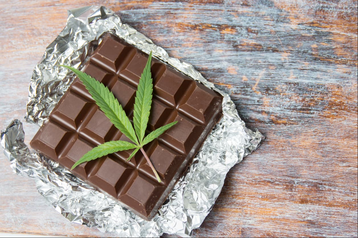 Marijuana leaves on top of dark chocolate