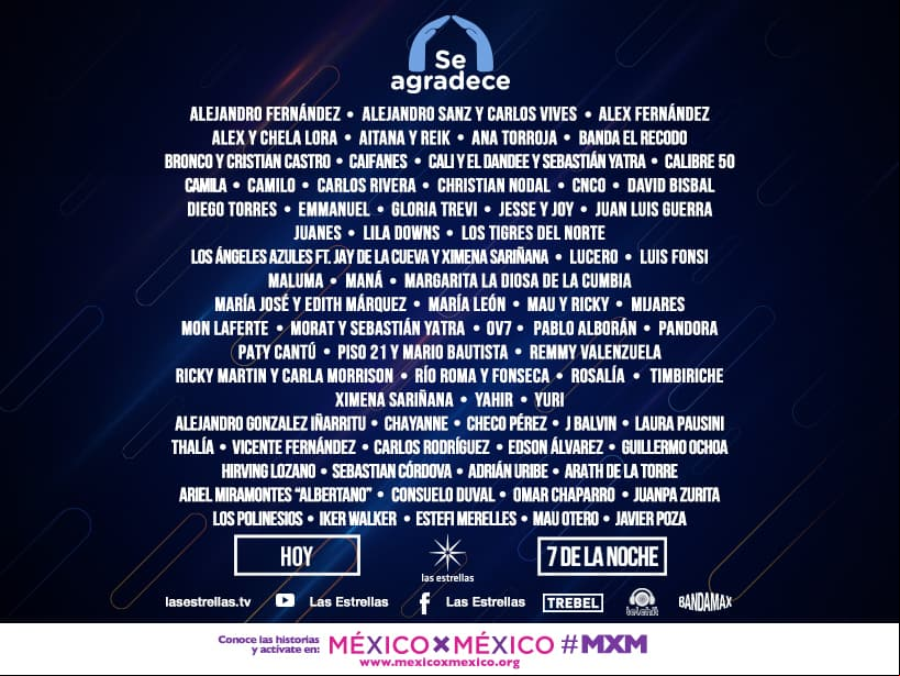 Con el fin de realizar un merecido homenaje a los héroes de esta pandemia, Televisa reunirá a grandes celebridades del mundo de la música este sábado 30 de mayo en el concierto ‘Se agradece’. A continuación te compartimos algunas de las colaboraciones musicales que podrás disfrutar a través de la transmisión por 
<b>lasestrellas-tv.descargarjuegos.org </b>y en las cuentas oficiales de Las Estrellas en YouTube y Facebook, así como en Telehit, Bandamax y 
<b>TREBEL.</b>