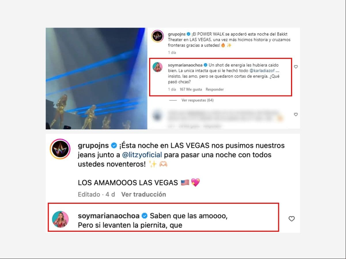 Los comentarios de Mariana Ochoa en el Instagram de JNS.