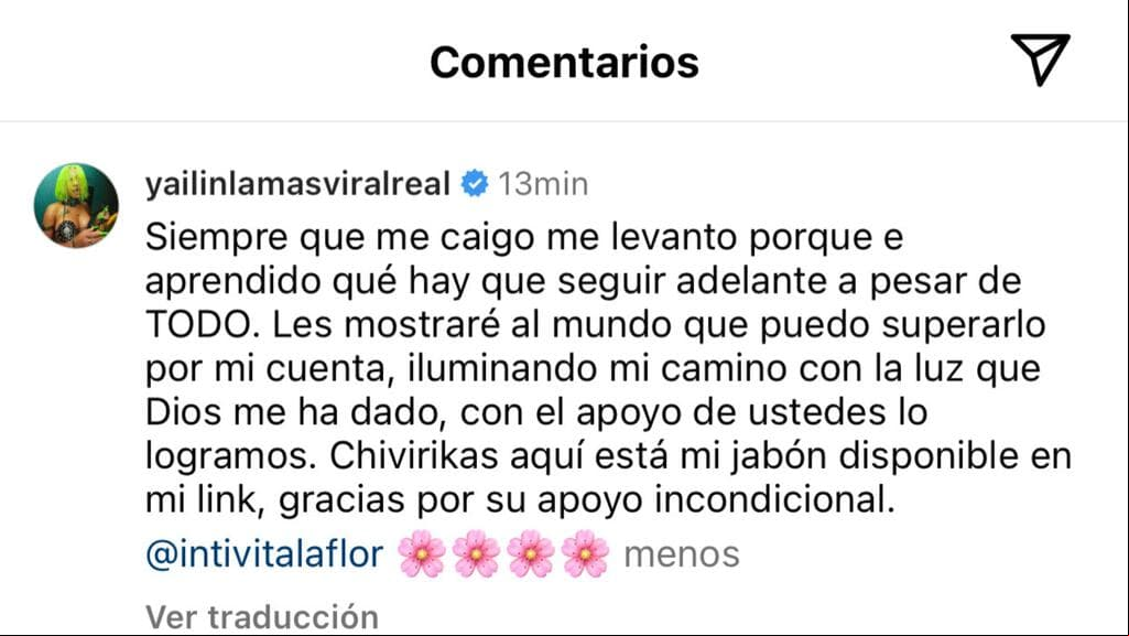 Yailin La Más Viral publicó este mensaje luego de eliminar los que puso contra Tekashi. Esta publicación también fue eliminada poco después en medio de críticas por hacer promoción a un jabón que lleva su marca.