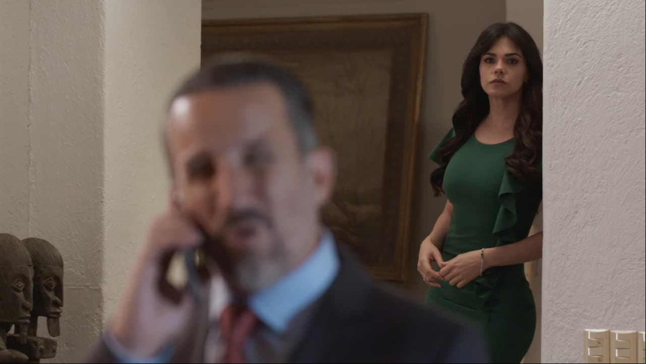 'Lucía' escucha a 'Rafael' hablando con 'Heriberto' y descubre que son cómplices.