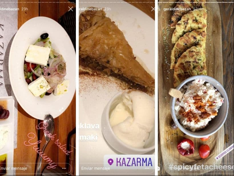 Geraldine Bazán tampoco tuvo reparo en presumir sus alimentos, entre los cuales destacan platillos como: una ensalada, Baklava (comida árabe), Kaimaki (helado) y Spicy feta cheese, algo así como queso picante.