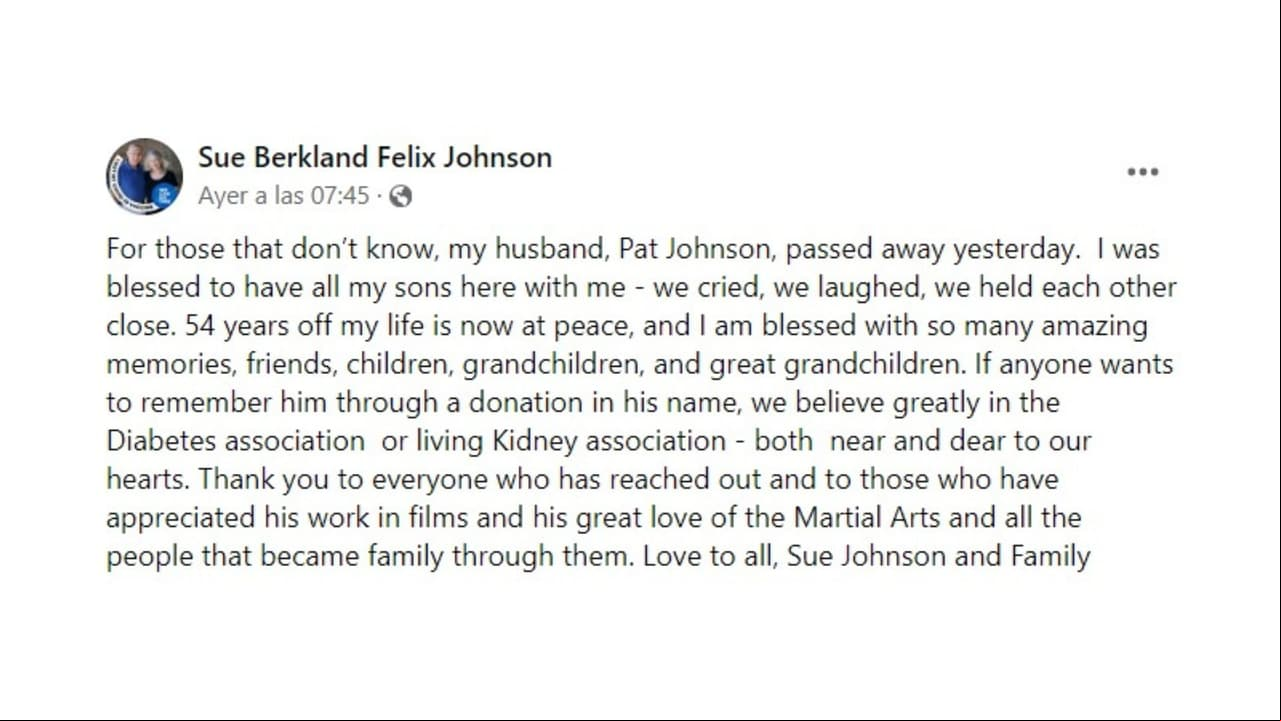 Esposa de Pat E. Johnson, Susan, anunció la muerte del actor.