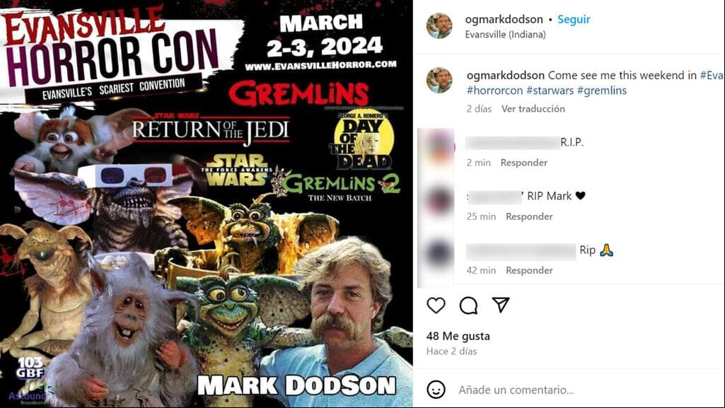 Así anunció Mark Dodson en Instagram su participación en la Horror Con de este fin de semana en Indiana. El actor murió de manera repentina a horas de su conferencia.
